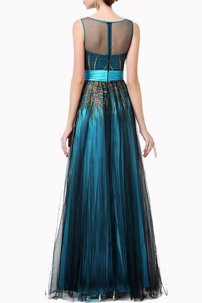 Plus Size Sleeveless Sequin Tulle Mesh Teal Evening Gown