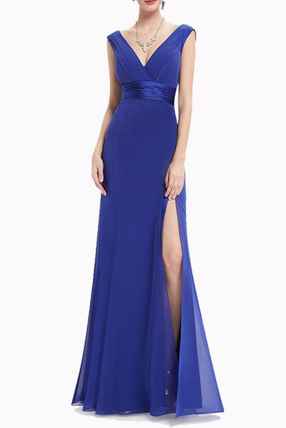 Off-the-Shoulder Deep V-Neck Royal Blue Evening Gown