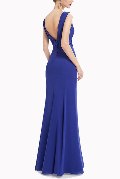 Off-the-Shoulder Deep V-Neck Royal Blue Evening Gown