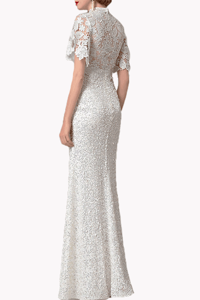 Bell Sleeves Lace Sequin White Cheongsam Wedding Evening Gown