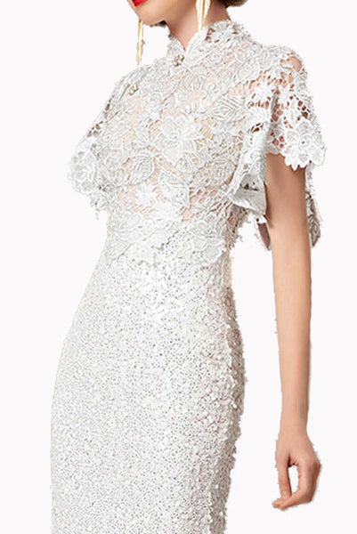 Bell Sleeves Lace Sequin White Cheongsam Wedding Evening Gown
