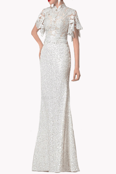Bell Sleeves Lace Sequin White Cheongsam Wedding Evening Gown