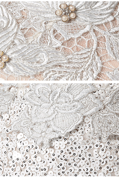 Bell Sleeves Lace Sequin White Cheongsam Wedding Evening Gown