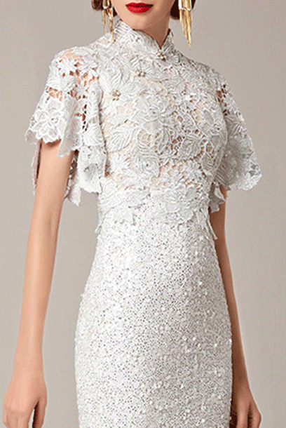 Bell Sleeves Lace Sequin White Cheongsam Wedding Evening Gown