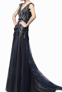3D Floral Rhinestones Deep V Blue Evening Gown with Train