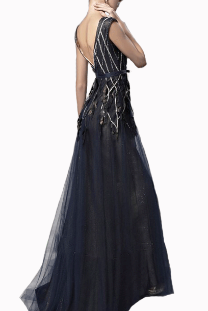 3D Floral Rhinestones Deep V Blue Evening Gown with Train