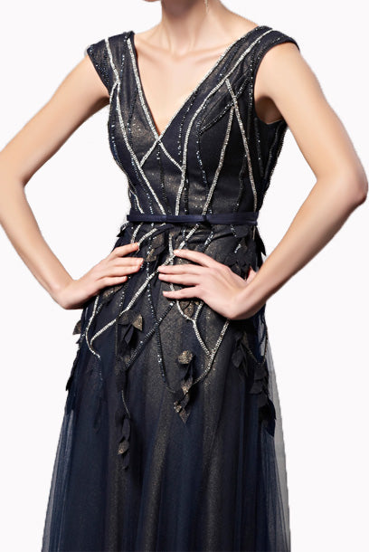 3D Floral Rhinestones Deep V Blue Evening Gown with Train