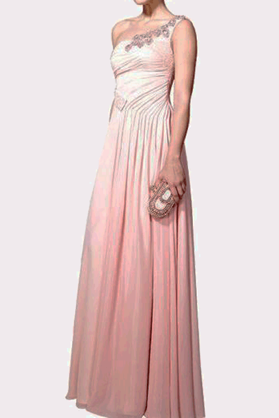 One Shoulder Pink Embellished Evening Gown
