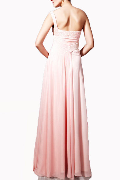 One Shoulder Pink Embellished Evening Gown