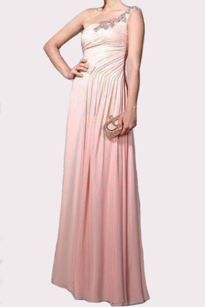 One Shoulder Pink Embellished Evening Gown