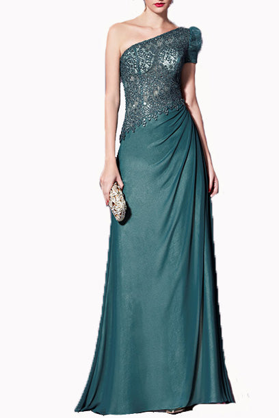 One Shoulder Lace Sequin Green Evening Gown