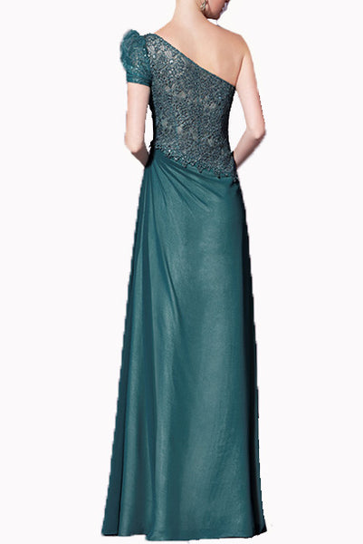 One Shoulder Lace Sequin Green Evening Gown