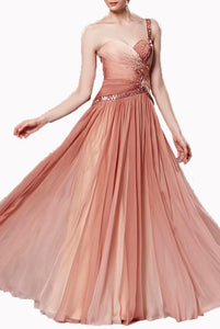 One Shoulder Sand Ombre Rhinestones Evening Gown