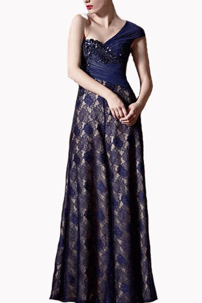 One Shoulder Lace Rhinestones Playsuit Blue Evening Gown