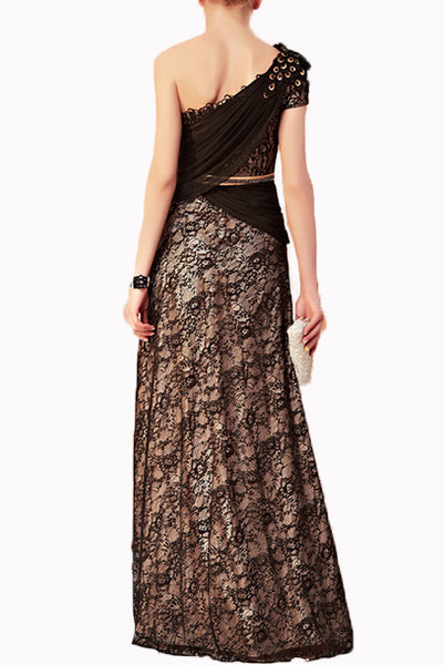 One Shoulder Embellished Lace Chiffon Evening Gown