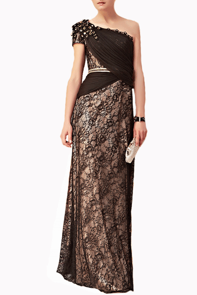 One Shoulder Embellished Lace Chiffon Evening Gown