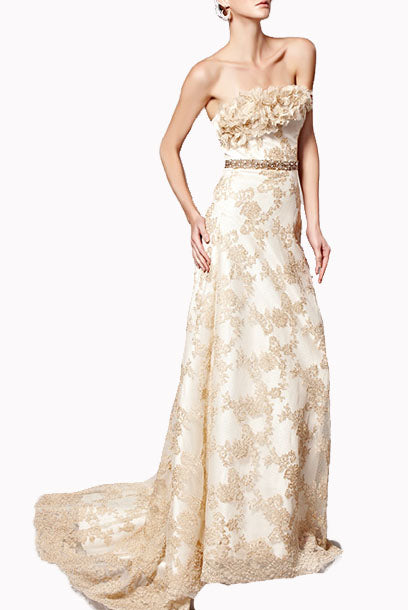 Strapless Lace Champagne Gold Evening Gown with Train