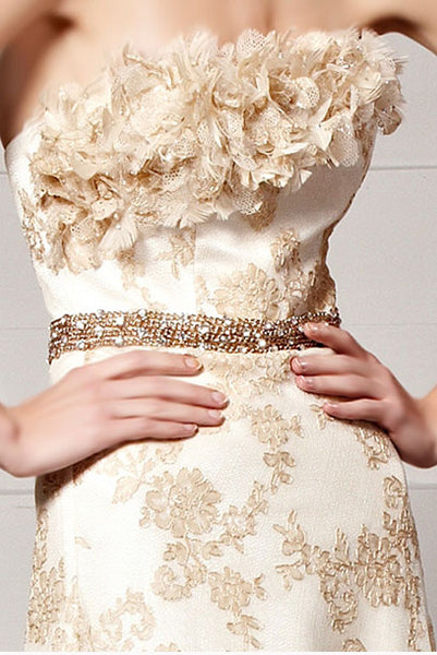 Strapless Lace Champagne Gold Evening Gown with Train