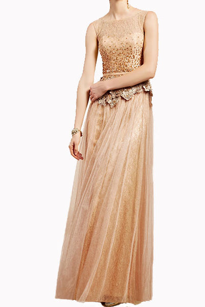 Sleeveless Gold 3D Floral Lace Tulle Evening Gown