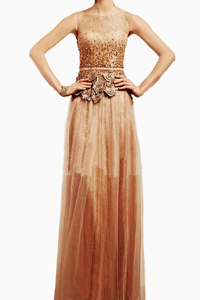 Sleeveless Gold 3D Floral Lace Tulle Evening Gown