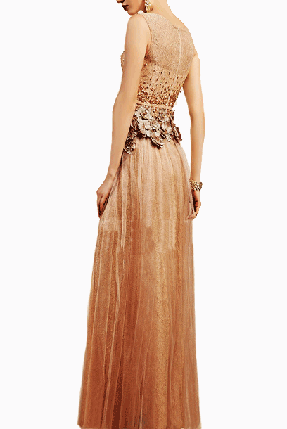 Sleeveless Gold 3D Floral Lace Tulle Evening Gown