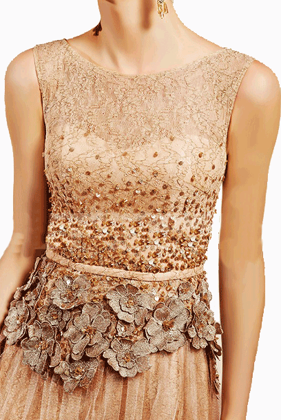 Sleeveless Gold 3D Floral Lace Tulle Evening Gown