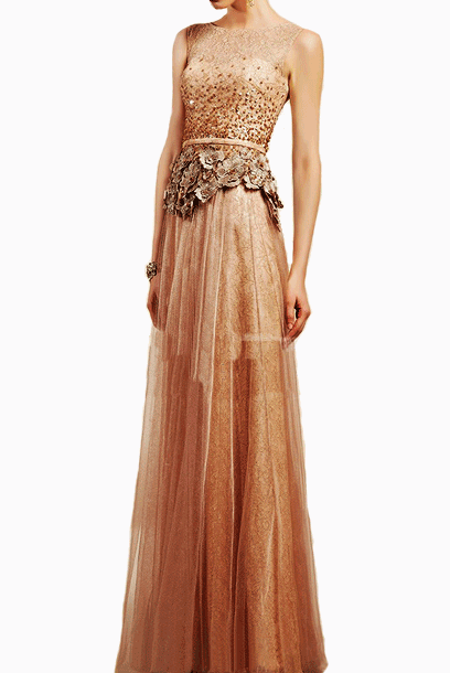 Sleeveless Gold 3D Floral Lace Tulle Evening Gown
