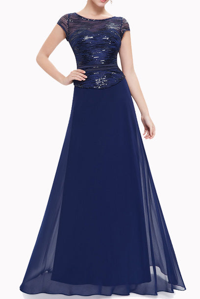Gatsby Cap Sleeves Blue Sequin Evening Gown