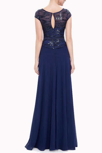Gatsby Cap Sleeves Blue Sequin Evening Gown