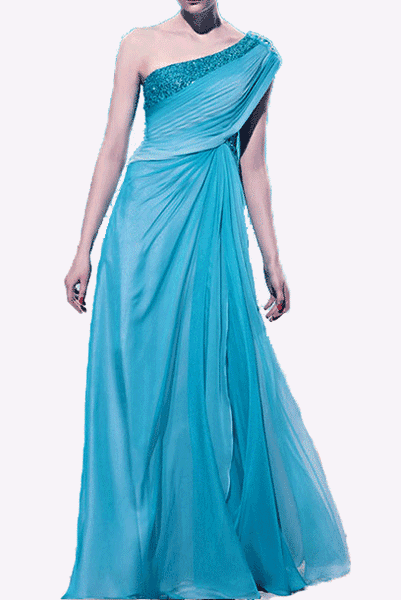 One Shoulder Blue Ombre Embellished Evening Gown