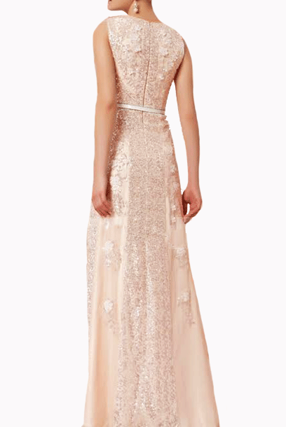 Gatsby Sleeveless 3D Floral Sequin Champagne Pink Evening Gown