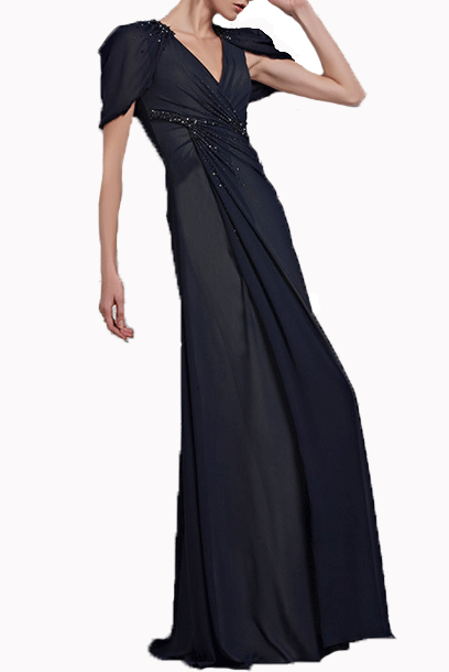 Cape Sleeves Mcqueen V Neckline Blue Evening Gown