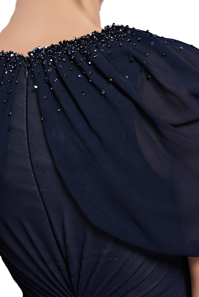 Cape Sleeves Mcqueen V Neckline Blue Evening Gown