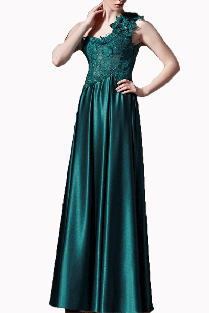 One Shoulder 3D Floral Lace Emerald Green Evening Gown