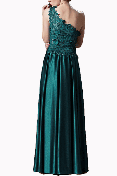 One Shoulder 3D Floral Lace Emerald Green Evening Gown