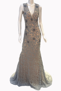Plunging Neckline Grey Lace Evening Gown