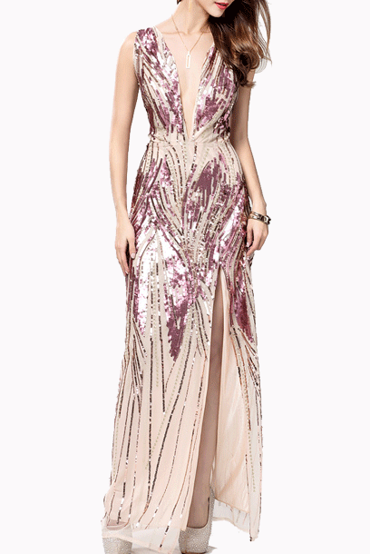 Gatsby Plunging V Neck Gold Sequin Nude Evening Gown