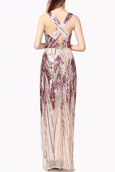 Gatsby Plunging V Neck Gold Sequin Nude Evening Gown