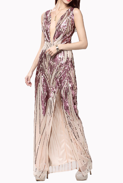 Gatsby Plunging V Neck Gold Sequin Nude Evening Gown