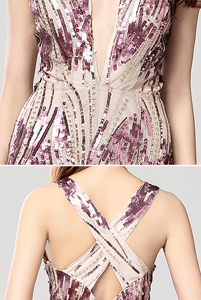 Gatsby Plunging V Neck Gold Sequin Nude Evening Gown