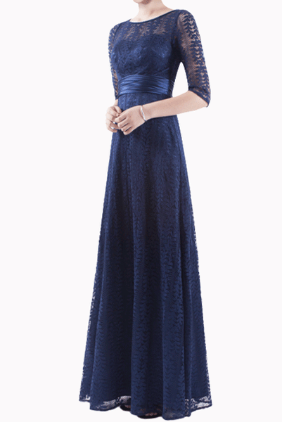 Elbow Sleeves Lace Blue Evening Gown