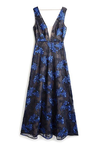 BCBG Sleeveless Floral Lace Blue Evening Gown