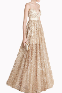 Gatsby Spaghetti Straps Gold Sequin Evening Dress