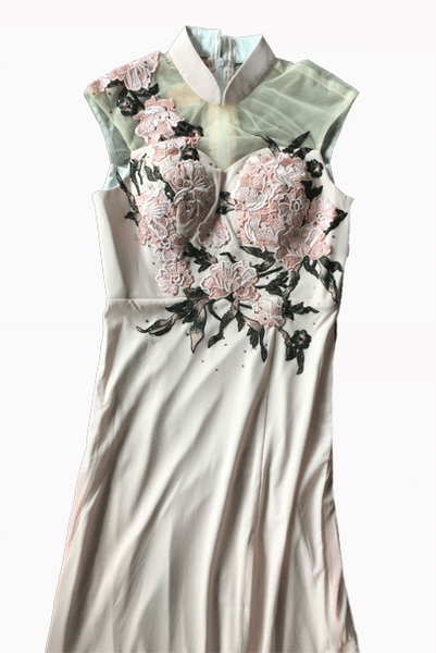 Sleeveless Floral Embroidered Pink Cheongsam Gown