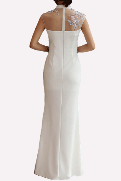 Cap Sleeves Floral Embroidered Cheongsam Gown