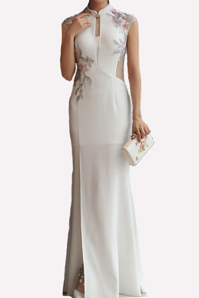 Cap Sleeves Floral Embroidered Cheongsam Gown