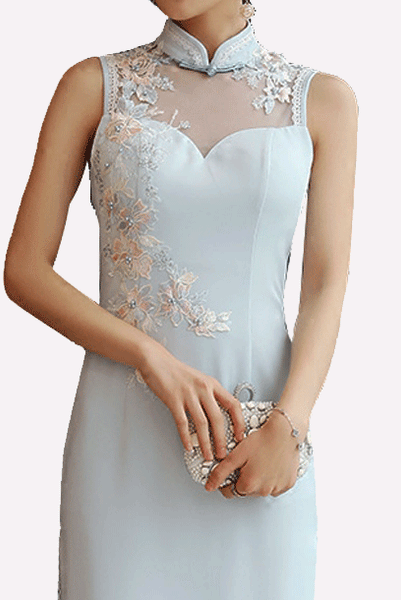 Sleeveless Embroidered Floral Cheongsam Gown