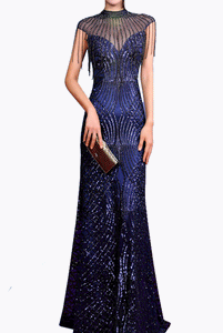 Cap Sleeves Cleopatra Geometrical Sequin Blue Evening Gown