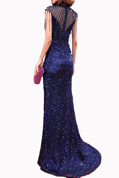 Cap Sleeves Cleopatra Geometrical Sequin Blue Evening Gown