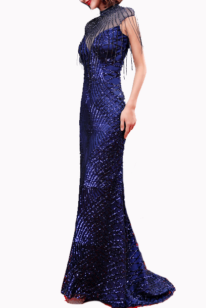Cap Sleeves Cleopatra Geometrical Sequin Blue Evening Gown